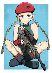 Rule 34 | 1girl, absurdres, beret, black footwear, blonde hair, blue eyes, bodypaint, boots, braid, cammy white, combat boots, facial scar, fingerless gloves, gloves, green leotard, gun, haldeco, hat, heattech leotard, highres, indian style, leotard, long hair, low twintails, red gloves, red hat, remington rsass, rifle, scar, scar on cheek, scar on face, scope, sideways glance, sitting, sleeveless, sniper rifle, solo, street fighter, turtleneck, twin braids, twintails, weapon