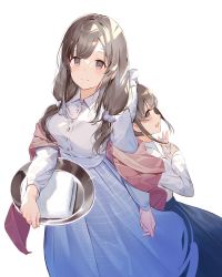 Rule 34 | 2girls, :d, absurdres, apron, blue apron, blue skirt, blush, bottle, breasts, brown eyes, brown hair, character request, closed mouth, collared shirt, commentary request, daitai sotogawa (futomomo), dress shirt, eyebrows hidden by hair, hair ornament, hair scrunchie, highres, holding, holding bottle, holding clothes, holding footwear, idolmaster, idolmaster shiny colors, long hair, looking at viewer, looking back, low twintails, medium breasts, multiple girls, open mouth, profile, scrunchie, shirt, simple background, skirt, smile, twintails, white background, white scrunchie, white shirt, yukoku kiriko