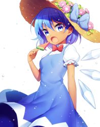 Rule 34 | 1girl, :o, arm at side, blue bow, blue dress, blue eyes, blue hair, blush, bow, bowtie, brown hat, cirno, commentary, cowboy shot, dark-skinned female, dark skin, detached collar, dress, flower, food, hat, hat bow, hat flower, highres, holding, holding food, ice, ice wings, jenevan, light particles, looking at viewer, open mouth, pinafore dress, pink flower, popsicle, puffy short sleeves, puffy sleeves, red bow, red bowtie, short hair, short sleeves, simple background, sleeveless, sleeveless dress, solo, standing, straw hat, tan, touhou, watermelon bar, white background, wings