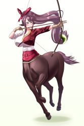 Rule 34 | 1girl, aiming, animal ears, bow (weapon), breasts, brown gloves, brown hair, centaur, cleavage, closed mouth, clothing request, collarbone, commentary request, efreet, floating hair, full body, gloves, green eyes, hair between eyes, hair ribbon, high ponytail, highres, holding, holding bow (weapon), holding weapon, horse ears, horse tail, igote, japanese clothes, kimono, large breasts, long hair, looking to the side, low-tied long hair, monster girl, multiple legs, original, pointy ears, ponytail, red ribbon, ribbon, running, shadow, sidelocks, simple background, sleeves rolled up, solo, tail, taur, very long hair, weapon, white background, white kimono
