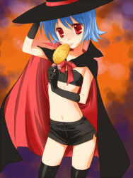 Rule 34 | 10s, bandeau bikini, black thighhighs, blue hair, bow, bunny (trickster), candy, cape, flat chest, food, gloves, halloween, hat, licking, lollipop, midriff, mofmof (sousa), red eyes, ribbon, shaped lollipop, short hair, short shorts, shorts, solo, thighhighs, trickster (ntreev soft), witch hat