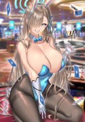 Rule 34 | 1girl, anima (togashi), animal ears, asuna (blue archive), asuna (bunny) (blue archive), between legs, black pantyhose, blue archive, blue eyes, blue leotard, bow, bowtie, breasts, card, casino, champagne flute, cleavage, collar, cup, drinking glass, fake animal ears, gloves, grey hair, grin, hair over one eye, halo, hand between legs, highleg, highres, huge breasts, kneeling, large breasts, leotard, long bangs, looking at viewer, one eye covered, pantyhose, playboy bunny, rabbit ears, smile, solo, thick thighs, thighs, traditional bowtie, tray, white gloves, wine glass
