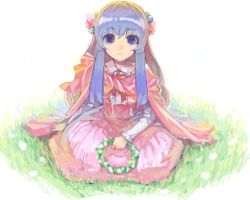 Rule 34 | 1girl, bad drawr id, bad id, closed mouth, copyright request, day, full body, holding, holding wreath, light purple hair, long hair, long sleeves, looking at viewer, oekaki, on grass, outdoors, solo, wreath