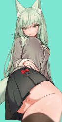 Rule 34 | 1girl, :p, animal ear fluff, animal ears, arknights, black skirt, black socks, cardigan, cat ears, cat girl, cat tail, closed mouth, commentary request, feet out of frame, foreshortening, green background, green eyes, green hair, grey cardigan, hand on own hip, harmonie (arknights), heart, highres, long hair, long sleeves, looking at viewer, lying, on side, pleated skirt, shirt, signal 1120, simple background, skirt, smile, socks, solo, tail, tongue, tongue out, white shirt
