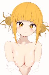 Rule 34 | 1girl, :o, absurdres, bare shoulders, blonde hair, blunt bangs, blush, boku no hero academia, breasts, collarbone, dot nose, double bun, hair bun, highres, looking at viewer, medium breasts, messy hair, nipples, open mouth, puffy nipples, rasusurasu, shirt, short hair with long locks, sidelocks, simple background, solo, straight hair, toga himiko, tsurime, undressing, upper body, v-shaped eyebrows, white background, white shirt, yellow eyes