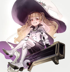 Rule 34 | blonde hair, boots, cape, earrings, eitri (fire emblem), evil grin, evil smile, fire emblem, fire emblem heroes, grin, hashiko (neleven), hat, high heels, jewelry, long hair, looking at viewer, nintendo, pantyhose, red eyes, sidesaddle, sitting, smile, solo, thigh boots, thighhighs, wavy hair, witch hat