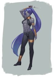 Rule 34 | 1girl, abs, anklet, arm up, armlet, assassin (fate/zero), bare shoulders, black pants, bracer, breasts, collarbone, colored skin, dark-skinned female, dark skin, earrings, fate/zero, fate (series), female assassin (fate/zero), full body, grey skin, halterneck, highres, hoop earrings, jewelry, knife, large breasts, long hair, looking at viewer, muscular, muscular female, navel, neck ring, pants, parted bangs, parted lips, ponytail, purple eyes, purple hair, ranma (kamenrideroz), simple background, solo, thighlet, very long hair