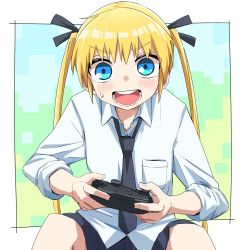 Rule 34 | 1girl, black necktie, black ribbon, black skirt, blonde hair, blue eyes, blush, border, collared shirt, controller, game controller, gamepad, hair ribbon, highres, holding, holding controller, holding game controller, kill me baby, long hair, looking at viewer, loose necktie, miniskirt, necktie, open mouth, outside border, pleated skirt, ribbon, school uniform, shirt, sitting, skirt, sleeves rolled up, solo, sonya (kill me baby), sweatdrop, teeth, twintails, untucked shirt, white border, white shirt, yachima tana