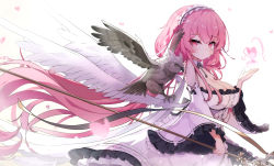 Rule 34 | 14c, 1girl, absurdres, azur lane, bird, breasts, cleavage, closed mouth, commentary request, detached sleeves, hand up, highres, large breasts, long hair, looking at viewer, maid, maid headdress, owl, perseus (azur lane), petals, pink eyes, pink hair, simple background, solo, very long hair, white background, wings