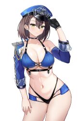 Rule 34 | 1girl, absurdres, adjusting clothes, adjusting headwear, azur lane, baltimore (azur lane), baltimore (finish line flagbearer) (azur lane), bare shoulders, bikini, black gloves, blue bikini, blue headwear, blue jacket, breasts, brown hair, cleavage, collarbone, cowboy shot, cropped jacket, gloves, hat, highleg, highleg bikini, highres, jacket, jie lian, large breasts, micro shorts, mismatched bikini, navel, official alternate costume, peaked cap, pole, race queen, revealing clothes, short hair, shorts, simple background, single glove, smile, stomach, swimsuit, white background, yellow eyes