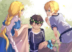Rule 34 | 1girl, 2boys, alice zuberg, apron, black hair, blanket, blonde hair, blue bow, blue dress, blue eyes, blue shirt, bow, braid, braided ponytail, child, collarbone, commentary request, dated, dress, eugeo, finger to mouth, from behind, hand on own knee, happy birthday, head wreath, highres, holding, holding blanket, index finger raised, kirito, leaning forward, long hair, multiple boys, noro (ro no), open mouth, ribbon, shirt, short hair, short sleeves, shushing, single braid, sitting, sleeping, smile, sword art online, sword art online: alicization, very long hair, white apron