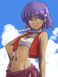 Rule 34 | 1girl, arm at side, artist name, bandeau, bare shoulders, blue gemstone, blue sky, blunt ends, bob cut, bracelet, breasts, brown sash, cleavage, closed mouth, cloud, collarbone, commentary, cropped vest, dark-skinned female, dark skin, day, earrings, fushigi no umi no nadia, gem, green eyes, groin, hair ornament, hairclip, hand on own hip, highres, hoop earrings, ivuki, jewelry, lips, looking at viewer, midriff, nadia la arwall, navel, neck ring, necklace, open clothes, open vest, outdoors, pelvic curtain, pendant, pink lips, purple hair, red vest, short hair, signature, sketch, sky, sleeveless, small breasts, smile, solo, standing, tooth necklace, twitter username, upper body, vest, white bandeau