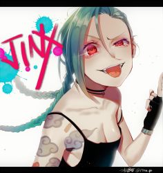 Rule 34 | 1girl, arm tattoo, blue hair, braid, breasts, cleavage, gloves, highres, jinx (league of legends), league of legends, middle finger, pink eyes, shirt, solo, tattoo, twin braids