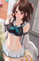 Rule 34 | 1girl, :d, bare shoulders, black shirt, breasts, brown hair, cheerleader, cowboy shot, crop top, embarrassed, furrowed brow, groin, hair ornament, hairclip, half updo, hand up, highres, holding, jacket, long hair, looking away, medium breasts, microskirt, midriff, minato ojitan, navel, neckerchief, off shoulder, one side up, open clothes, open jacket, open mouth, original, pleated skirt, pom pom (cheerleading), purple eyes, sailor collar, school uniform, serafuku, shirt, skirt, sleeveless, sleeveless shirt, smile, solo, standing, stomach, sweat, v-shaped eyebrows, white jacket, white skirt, x hair ornament
