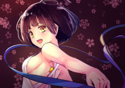 Rule 34 | 10s, 1girl, bare shoulders, black hair, blue ribbon, breasts, brown eyes, cherry blossoms, koutetsujou no kabaneri, looking at viewer, looking back, medium breasts, mumei (kabaneri), ribbon, short hair, sideboob, solo, spoilers, yan (nicknikg)