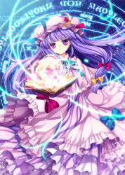 Rule 34 | 1girl, book, bow, capelet, capura lin, crescent, female focus, hair bow, hat, long hair, long sleeves, magic circle, patchouli knowledge, purple eyes, purple hair, solo, touhou, very long hair, wide sleeves