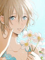 Rule 34 | 1girl, blue eyes, blue sky, brown hair, building, cloud, earrings, flower, hishi (k-xaby), holding, holding flower, jewelry, lace, looking at viewer, original, out of frame, parted lips, portrait, short hair, sky, solo, watermark, web address, white flower
