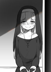 Rule 34 | 1girl, absurdres, blush, closed mouth, cross, cross necklace, dress, greenopi, greyscale, habit, hair between eyes, highres, jewelry, lin (greenopi), long sleeves, looking at viewer, monochrome, necklace, nun, original, smile, solo