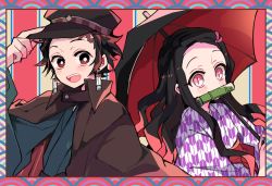 Rule 34 | 1boy, 1girl, alternate costume, amesawa mokke, bad id, bad pixiv id, bamboo, bit gag, black hair, black headwear, blush stickers, border, brother and sister, brown hair, coat, earrings, gag, hair slicked back, hanafuda, hat, hat tip, japanese clothes, jewelry, kamado nezuko, kamado tanjirou, kimetsu no yaiba, kimono, long hair, looking at another, looking at viewer, multicolored hair, obi, open mouth, parasol, patterned background, pink eyes, red eyes, red hair, sash, scar, scar on face, short hair, siblings, side-by-side, slit pupils, two-tone hair, umbrella, upper body
