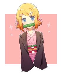 Rule 34 | 1girl, bamboo, biting, black jacket, blonde hair, blue eyes, checkered sash, commentary, cosplay, crossover, hair ornament, hair tie, hairclip, haori, jacket, japanese clothes, kagamine rin, kamado nezuko, kamado nezuko (cosplay), kimetsu no yaiba, kimono, looking at viewer, mouth hold, obi, pink background, pink kimono, sash, short hair, solo, sparkle, swept bangs, upper body, vocaloid, zimoow