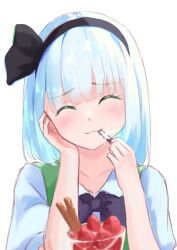 Rule 34 | 1girl, :3, black bow, black bowtie, bow, bowtie, breasts, closed eyes, closed mouth, collared shirt, commentary request, eating, food, fruit, green vest, grey hair, hand on own chest, happy, highres, ice cream, konpaku youmu, medium breasts, puffy short sleeves, puffy sleeves, shirt, short sleeves, simple background, smile, solo, strawberry, takaya naru, touhou, upper body, vest, white background, white shirt