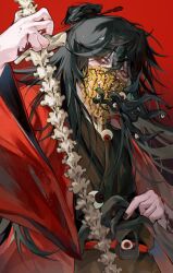 Rule 34 | 1boy, 5236905043, absurdres, arm up, belt, black hair, blood, blood on hands, bone, chinese clothes, coin, dao gui yi xian, eyeball, hair between eyes, hanfu, highres, holding, holding bone, holed coin, li huowang, long hair, long sleeves, looking at viewer, male focus, red brooch, red eyes, solo, upper body