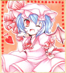 Rule 34 | 1girl, ascot, bad id, bad pixiv id, bat wings, blue hair, crystal, female focus, hat, hat ribbon, heart, lowres, one eye closed, open mouth, puffy sleeves, red eyes, remilia scarlet, ribbon, sanotsuki, shikishi, short hair, short sleeves, solo, touhou, traditional media, wings, wink, wrist cuffs