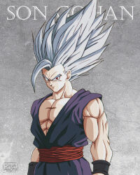 Rule 34 | 1boy, absurdres, character name, commentary request, dougi, dragon ball, dragon ball super, dragon ball super super hero, furrowed brow, gohan beast, grey hair, highres, long hair, male focus, muscular, muscular male, pectorals, red eyes, salvamakoto, serious, signature, solo, son gohan, spanish commentary, spiked hair, upper body, widow&#039;s peak, wristband