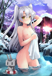 Rule 34 | 1girl, amatsukaze (kancolle), collarbone, flat chest, highres, holding, holding towel, kantai collection, kumakou, lifebuoy, long hair, nipples, nude, onsen, outdoors, partially submerged, rensouhou-kun, silver hair, snow, standing, swim ring, towel, two side up, wading, wet, yellow eyes