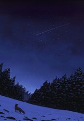 Rule 34 | commentary request, dutch angle, forest, fox, gensuke (ryun), highres, nature, night, night sky, no humans, original, outdoors, scenery, shooting star, sky, snow, star (sky), starry sky, tree, winter