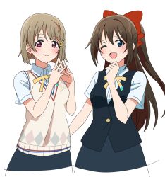 Rule 34 | 2girls, black vest, blue eyes, blue shirt, blush, bow, brown hair, closed mouth, collared shirt, commentary request, crescent, crescent hair ornament, cropped legs, furrowed brow, hair bow, hair ornament, half updo, highres, long hair, looking at viewer, love live!, love live! nijigasaki high school idol club, multiple girls, nakasu kasumi, neck ribbon, nijigasaki academy school uniform, one eye closed, open mouth, osaka shizuku, purple eyes, red bow, ribbon, school uniform, shirt, short hair, short sleeves, smile, standing, steepled fingers, summer uniform, taiyakippassion, upper body, vest, white background, yellow ribbon, yellow vest