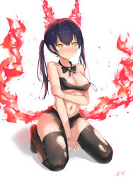 Rule 34 | 1girl, absurdres, bare shoulders, between legs, black bow, black hair, black thighhighs, blush, bow, bowtie, breasts, chinese commentary, cleavage, closed mouth, collarbone, commentary request, en&#039;en no shouboutai, fiery ears, fiery tail, fire, full body, grabbing own arm, hair between eyes, hand between legs, highres, huijin zhi ling, kneeling, long hair, looking at viewer, medium breasts, midriff, navel, no shoes, nose blush, shadow, sidelocks, signature, simple background, solo, stomach, strap slip, tail, tamaki kotatsu, tearing up, thighhighs, torn clothes, torn thighhighs, twintails, underboob, wavy mouth, white background, yellow eyes