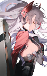 Rule 34 | 1girl, ariko, azur lane, black gloves, breasts, cross, finger to mouth, gloves, hair ornament, headgear, index finger raised, iron cross, long hair, long sleeves, medium breasts, military, mole, mole on breast, multicolored hair, prinz eugen (azur lane), profile, red hair, sideboob, silver hair, simple background, solo, streaked hair, tsurime, two side up, underbust, upper body, white background