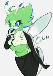 Rule 34 | ahoge, antennae, blue eyes, breasts, celebi, cleavage, collarbone, colored skin, creatures (company), drinking, fairy wings, game freak, gen 2 pokemon, green hair, green skin, highres, large breasts, legendary pokemon, leotard, multicolored hair, mythical pokemon, nintendo, pokemon, pokemon (creature), short hair, thick thighs, thighs, togetoge, wide hips, wings