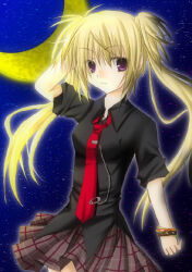 Rule 34 | 1990s (style), 1girl, black hair, black shirt, blonde hair, bracelet, chain, closed mouth, crescent moon, hand in own hair, hinashota, hoshina utau, jewelry, long hair, looking to the side, moon, multicolored hair, necktie, plaid, plaid skirt, red necktie, retro artstyle, shirt, short sleeves, shugo chara!, skirt, sky, solo, star (sky), starry sky, twintails