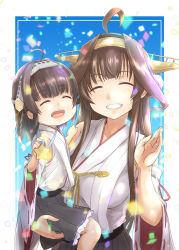 Rule 34 | 2girls, absurdres, ahoge, black skirt, brown hair, closed eyes, detached sleeves, double bun, frilled skirt, frills, fyuo, hair bun, hairband, headgear, highres, japanese clothes, kantai collection, kongou (kancolle), long hair, mother and daughter, multiple girls, nontraditional miko, ribbon-trimmed sleeves, ribbon trim, skirt, smile
