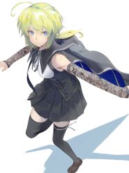 Rule 34 | 1girl, a.k.a.zkin, absurdres, ahoge, amano soraha, assault lily, bare shoulders, black cape, black ribbon, black skirt, black thighhighs, blonde hair, blue cape, blue eyes, breasts, brown footwear, buttons, cape, closed mouth, commentary request, detached sleeves, from above, hair between eyes, hands up, highres, lace sleeves, leg ribbon, leg up, loafers, long hair, long sleeves, looking at viewer, low ponytail, medium breasts, miniskirt, neck ribbon, outstretched arm, pleated skirt, ponytail, ribbon, school uniform, shadow, shirt, shoes, simple background, skirt, sleeveless, sleeveless shirt, sleeves past wrists, solo, standing, standing on one leg, suspenders, thigh ribbon, thighhighs, two-sided cape, two-sided fabric, underbust, white background, white ribbon, white shirt, yurigaoka girls academy school uniform, zettai ryouiki