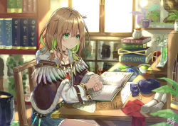 Rule 34 | 1girl, blonde hair, book, bookshelf, choker, green eyes, hair between eyes, indoors, jewelry, light rays, miko fly, original, own hands together, painterly, plant, ring, scroll, short hair, signature, sitting, window