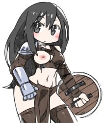 Rule 34 | 1girl, arm warmers, asymmetrical sleeves, black eyes, black hair, breasts, brown thighhighs, cannsk, commentary request, crop top, gauntlets, holding, holding shield, linea alba, loincloth, long hair, medium breasts, navel, nipples, one breast out, original, shield, single arm warmer, single gauntlet, single shoulder pad, solo, thighhighs, very long hair, wooden shield