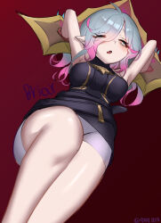 Rule 34 | 1girl, absurdres, ahoge, armpits, arms up, artist name, babsot, belt, black belt, blush, breasts, briar (league of legends), chained wrists, character name, eyes visible through hair, fang, feet out of frame, grey hair, hair between eyes, hair ornament, highres, knee up, knees, league of legends, legs, long hair, looking at viewer, lying, medium breasts, multicolored hair, on back, open mouth, pink hair, pointy ears, red background, red pupils, simple background, skin fang, solo, streaked hair, thighs, two-tone hair, underpants, vampire, white eyes, wrist cuffs
