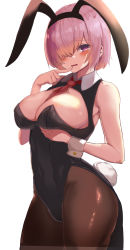 Rule 34 | 1girl, absurdres, alternate costume, animal ears, between breasts, black leotard, black pantyhose, breasts, cleavage cutout, clothing cutout, cowboy shot, fake animal ears, fake tail, fate/grand order, fate (series), hair over one eye, highleg, highleg leotard, highres, large breasts, leotard, mash kyrielight, necktie, necktie between breasts, nigouu, pantyhose, purple eyes, purple hair, rabbit ears, rabbit tail, red necktie, short hair, solo, tail, wrist cuffs
