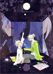 Rule 34 | 2boys, 2girls, barefoot, blonde hair, blue eyes, blue hair, bow, brother and sister, hair ornament, hairclip, japanese clothes, jewelry, kagamine len, kagamine rin, kaito (vocaloid), key, kimono, lily (vocaloid), long hair, moon, multiple boys, multiple girls, nail polish, necklace, red eyes, ribbon, scarf, school uniform, serafuku, shirotsugu, short hair, shorts, siblings, smile, star (sky), star (symbol), thighhighs, translation request, twins, vocaloid
