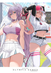 Rule 34 | 2girls, :d, :o, adapted costume, aqua eyes, arms behind head, arms up, azur lane, bare arms, bare shoulders, baseball cap, baseball glove, belt, blurry, breasts, bremerton (azur lane), bremerton (azur lane) (cosplay), bremerton (scorching-hot training) (azur lane), chain-link fence, choker, cleavage, collarbone, cosplay, costume switch, crop top, crop top overhang, depth of field, dishwasher1910, earrings, fence, hair ribbon, hat, holding, intrepid (azur lane), intrepid (azur lane) (cosplay), intrepid (one intrepid pitch) (azur lane), jewelry, large breasts, layered sleeves, long hair, long sleeves, looking at viewer, midriff, miniskirt, multicolored hair, multiple girls, navel, open mouth, parted lips, pink eyes, pink hair, playing sports, pleated skirt, ponytail, purple hair, racket, ribbon, shirt, short over long sleeves, short shorts, short sleeves, shorts, skindentation, skirt, sleeveless, sleeveless shirt, smile, sportswear, stomach, sweat, sweatband, tennis racket, tennis uniform, thighhighs, thighs, towel, two-tone hair, undershirt, very long hair, white legwear, white shirt, white shorts, white skirt
