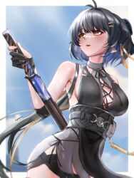 Rule 34 | 1girl, antenna hair, bare shoulders, black dress, black hair, black shorts, breasts, cleavage, commentary, cowboy shot, dress, earrings, female rover (wuthering waves), hair ornament, hair ribbon, hairclip, highres, holding, holding sword, holding weapon, jewelry, large breasts, looking up, micro shorts, nyeppu, open mouth, pelvic curtain, ribbon, rover (wuthering waves), scabbard, sheath, sheathed, short hair, shorts, sleeveless, sleeveless dress, solo, sword, thighs, twitter username, weapon, wuthering waves, yellow eyes, yellow ribbon, yellow tassel
