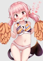 Rule 34 | 1girl, :d, bare shoulders, blush, bow, bow panties, breasts, cheerleader, clothes writing, crop top, demon girl, demon tail, fang, grey background, hair between eyes, hair bow, head tilt, heart, highres, holding, long hair, looking at viewer, mochiyuki, navel, no pants, open mouth, orange bow, orange shirt, original, panties, pink hair, pointy ears, polka dot, polka dot bow, pom pom (cheerleading), red eyes, shirt, simple background, sleeveless, sleeveless shirt, small breasts, smile, solo, stomach, tail, thigh gap, translation request, twintails, underwear, white panties