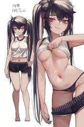 Rule 34 | 1girl, absurdres, ahoge, armpit peek, bare legs, bare shoulders, barefoot, black hair, black nails, black panties, black shorts, blush, breasts, character age, clothes lift, clothes pull, commentary, cowboy shot, full body, gluteal fold, grin, hair between eyes, hair ribbon, highres, lifted by self, long hair, looking at viewer, midriff, multiple views, nail polish, navel, original, panties, priite hari (torriet), purple eyes, purple ribbon, ribbon, shirt, shirt lift, short shorts, shorts, shorts pull, sleeveless, sleeveless shirt, smile, standing, stomach, toenails, torriet, twintails, underboob, underwear, very long hair, white background, white shirt