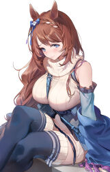 Rule 34 | 1girl, bare shoulders, belt, between breasts, blue belt, blue eyes, blue ribbon, blue thighhighs, blush, braid, breasts, brown hair, closed mouth, emyo, hair ribbon, highres, large breasts, lips, long hair, looking at viewer, parted lips, ribbon, simple background, sitting, smile, solo, super creek (umamusume), sweater, thighhighs, turtleneck, turtleneck sweater, umamusume, white background, white sweater