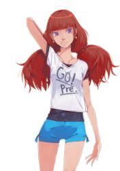 Rule 34 | 1girl, akinbo (hyouka fuyou), amanogawa kirara, arm behind head, blue shorts, blunt bangs, brown hair, collarbone, copyright name, cowboy shot, earrings, floating hair, go! princess precure, highres, jewelry, long hair, looking to the side, precure, print shirt, purple eyes, shirt, short shorts, short sleeves, shorts, simple background, solo, standing, star (symbol), star earrings, twintails, very long hair, white background, white shirt