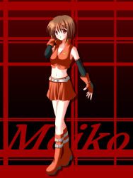 Rule 34 | 1girl, akarin (sakuraakarin), badge, belt, boots, breasts, brown hair, character name, cleavage, collarbone, collared jacket, cropped jacket, crossed legs, detached sleeves, female focus, fingerless gloves, gloves, hand on own head, highres, jacket, knees up, looking at viewer, meiko (vocaloid), midriff, miniskirt, navel, patterned background, pleated skirt, popped collar, red eyes, red footwear, red gloves, red jacket, red skirt, short hair, skirt, solo, vocaloid, white belt