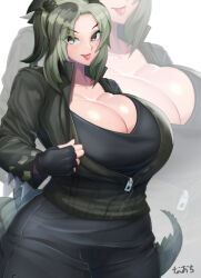 Rule 34 | 1girl, :p, alternate breast size, black gloves, black pants, braid, breasts, cleavage, collarbone, collared jacket, cowboy shot, crocodilian tail, curvy, eyelashes, eyes visible through hair, eyeshadow, fingerless gloves, gloves, green eyes, green jacket, grey hair, high collar, high ponytail, highres, huge breasts, jacket, kemono friends, large tail, long hair, looking at viewer, makeup, multicolored hair, naochi (bobi8081), pants, partially unzipped, saltwater crocodile (kemono friends), slit pupils, solo, spiked jacket, spiked sleeves, spikes, tail, teasing, tongue, tongue out, wide hips, zipper, zipper pull tab